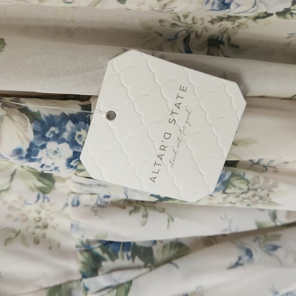Altar'd State Fern Floral Mini Dress Ivory Blue Babydoll Puff Sleeve Cottagecore - Picture 6 of 14